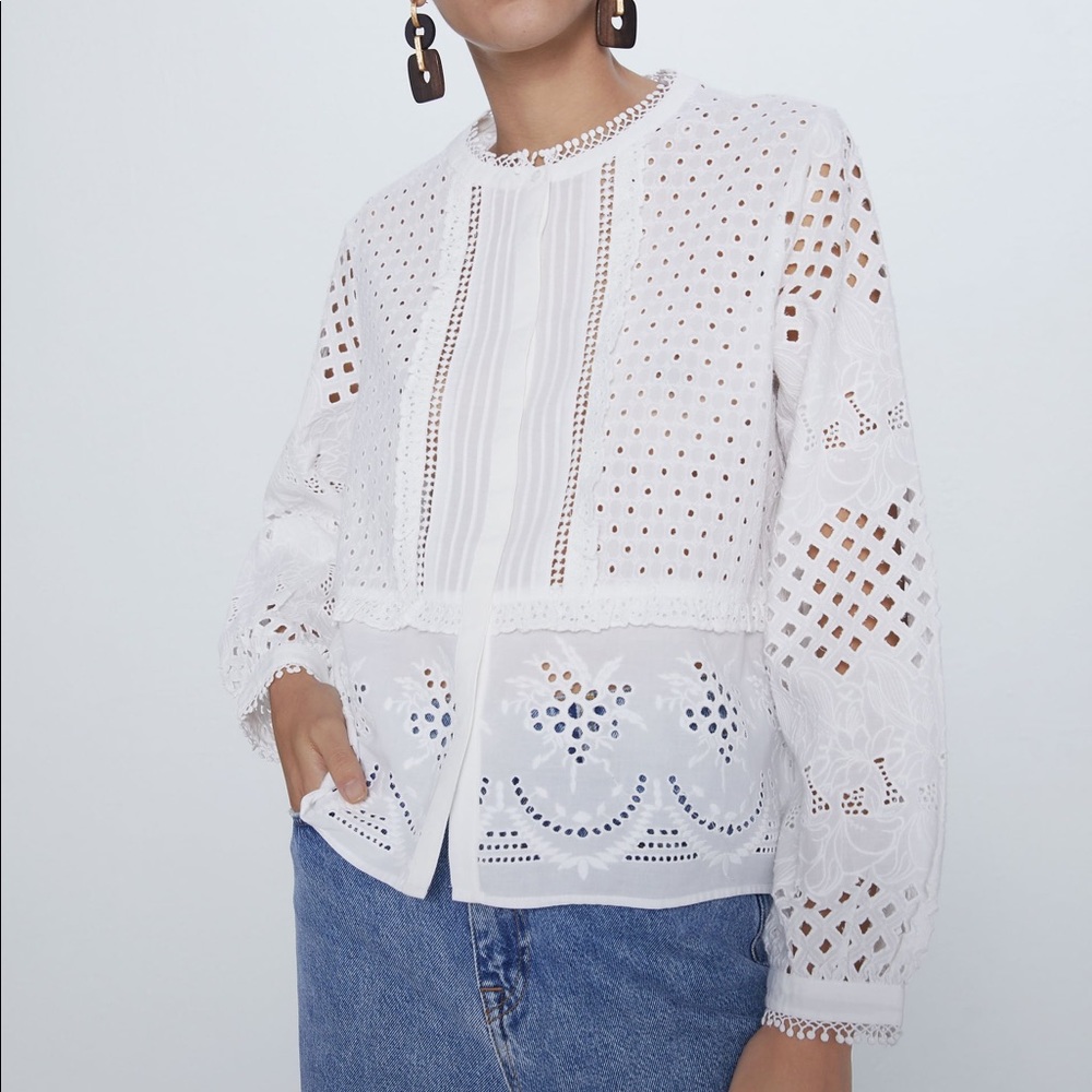 Zara White Eyelet & Lace Panel Long-Sleeve Blouse